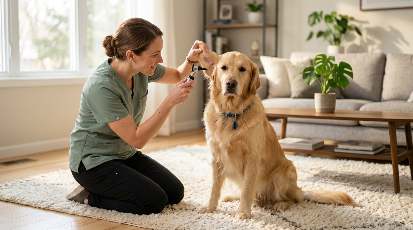 A veterinarian examining a calm dog in a living room